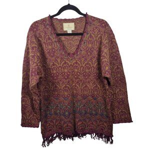 Express Tricot Sweater Womens L Purple Pullover Tunic V Neck Long Sleeve Tassels